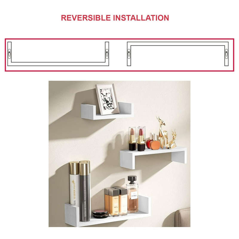 3 Piece U shape Wooden Floating Shelves For Bedroom Bathroom Wall Décor White