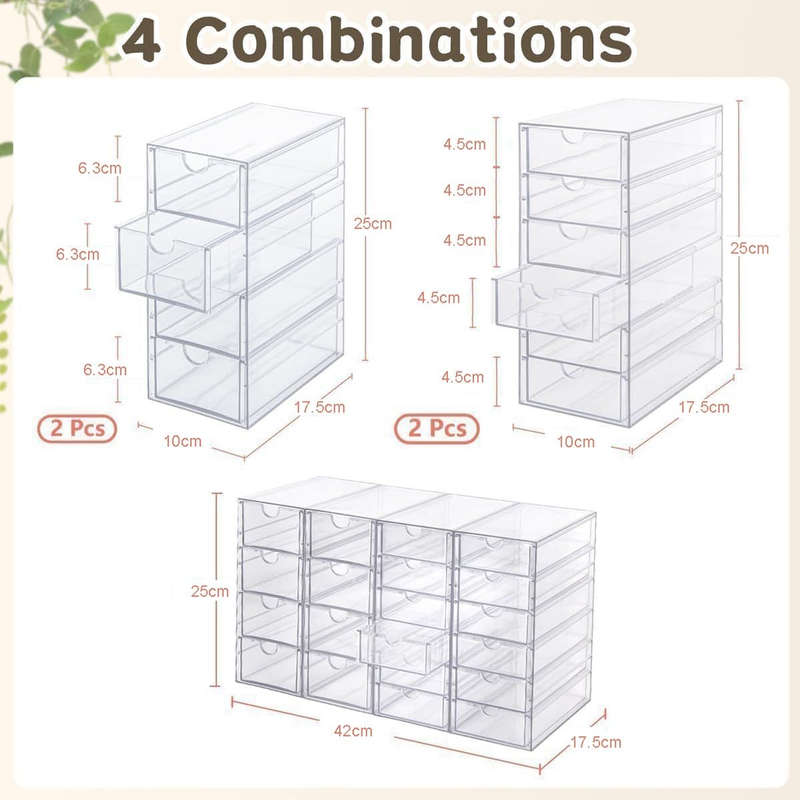 20 Drawer - 4 Sets Clear Makeup Organizers Multipurpose Stackable Storage