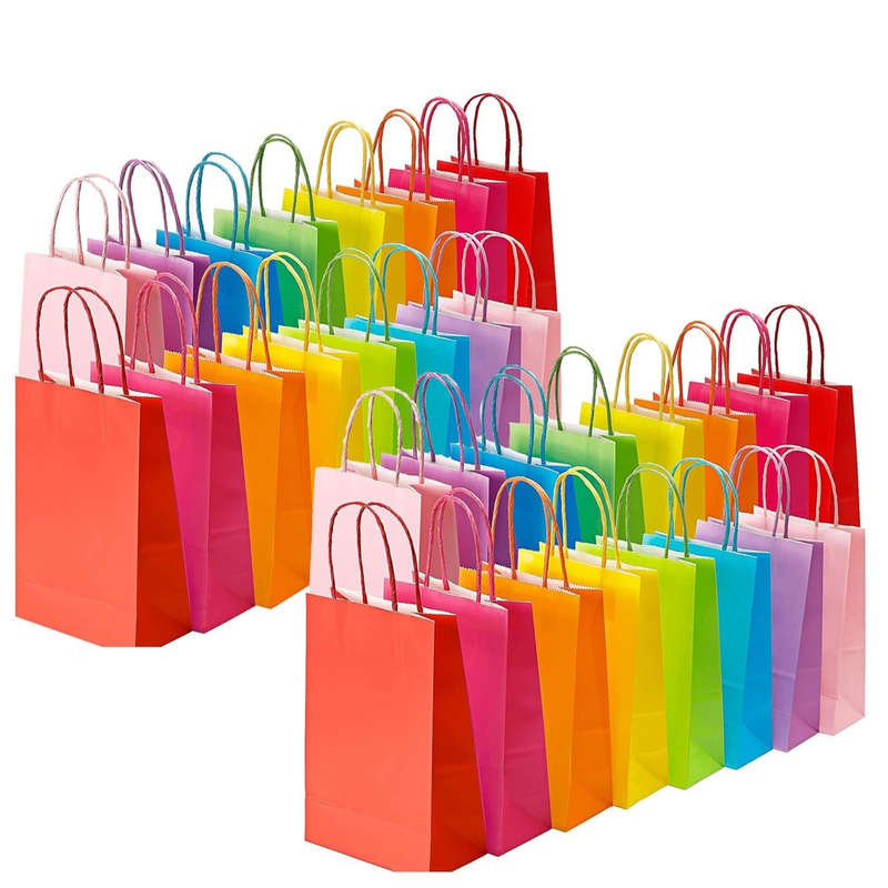 64 Pack Kraft Paper Gift Bags Bluk Party Favour In 8 Colours -Small