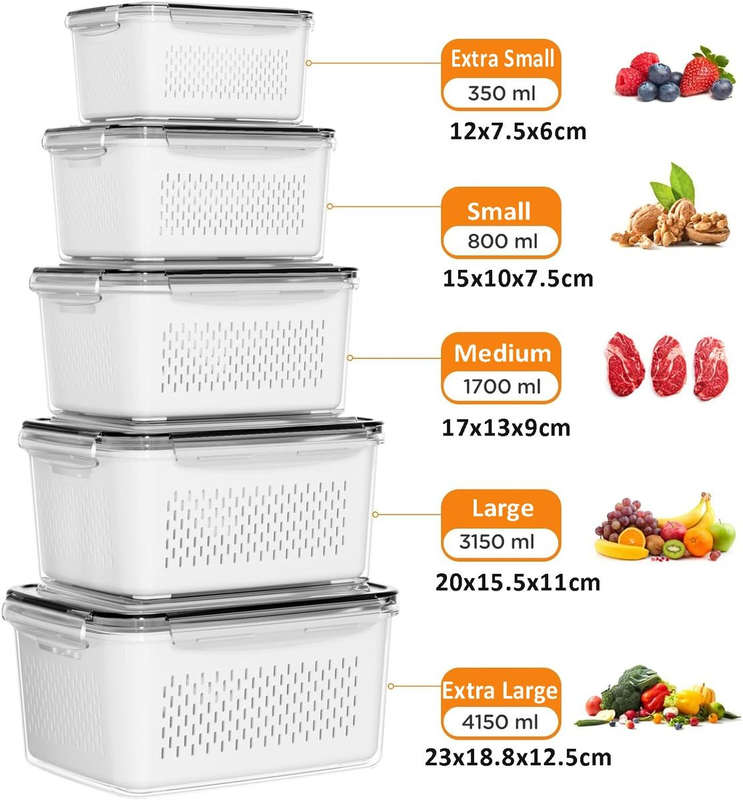 5 Pack (10 Piece) Fridge Food Storage Containers With Removable Colander