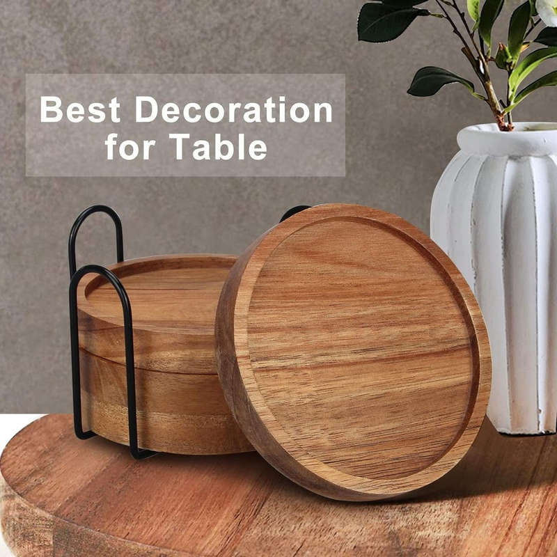 6 Pack Wooden Drink Coasters With Holder For Cups Barware Coffee Cups Mugs