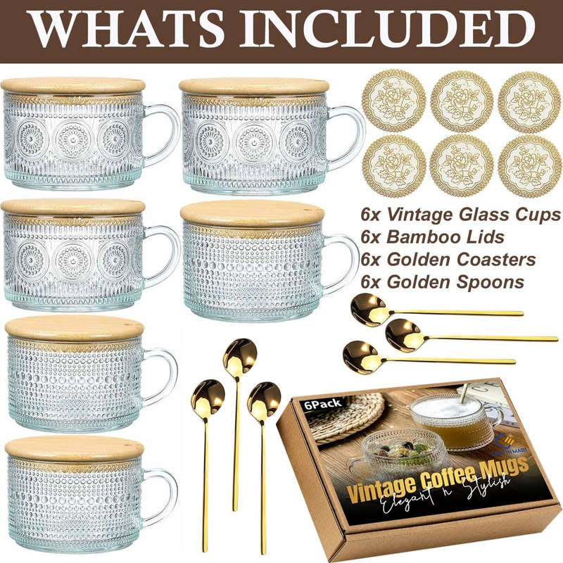 6-Pack (24 Piece) Vintage Glass Coffee Mugs Overnight Jars Tea Cups With Bamboo Lids