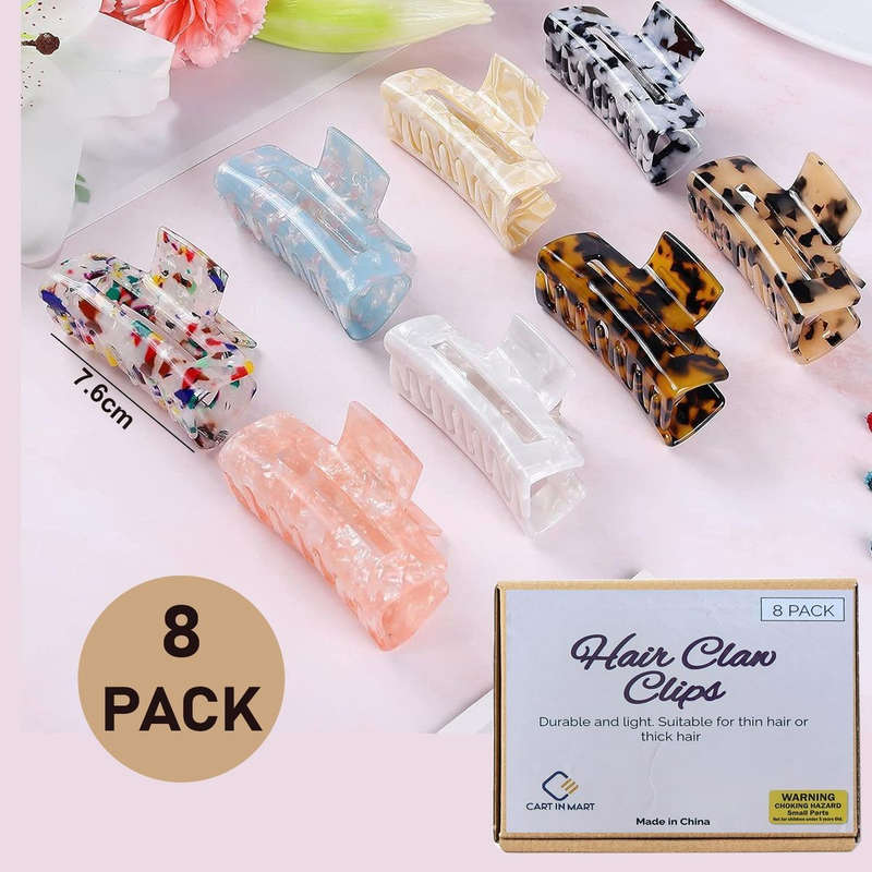 8 Pack Hair Claw Clips For Women Girls Fashion Tortoise Barrettes Rectangle