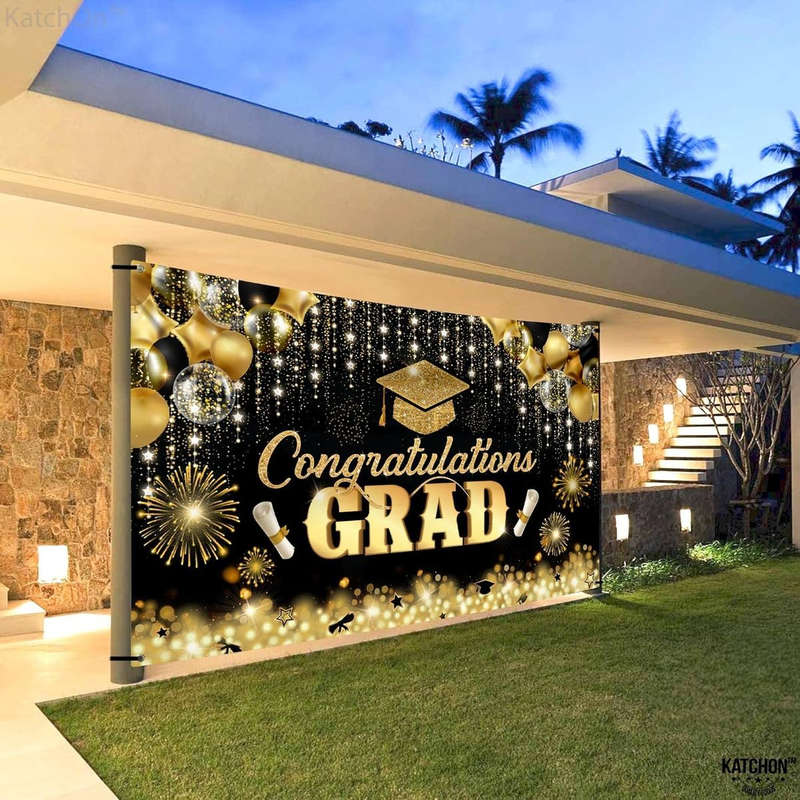 Congratulations Graduation Banner Backdrop-180x110cm-Glitter Black & Gold
