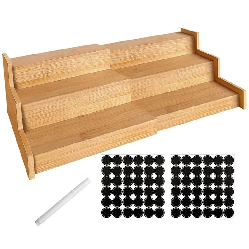 3 Tier Expandbale Bamboo Spice Rack Organiser Cabinet With Labels & Marker