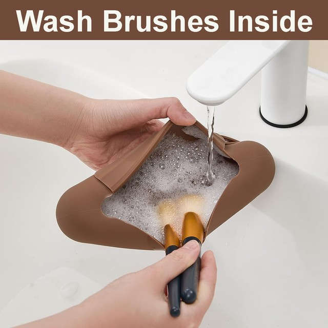 Silicone Makeup Brush Holder Travel Case Cosmetic Pouch_Coffee Colour