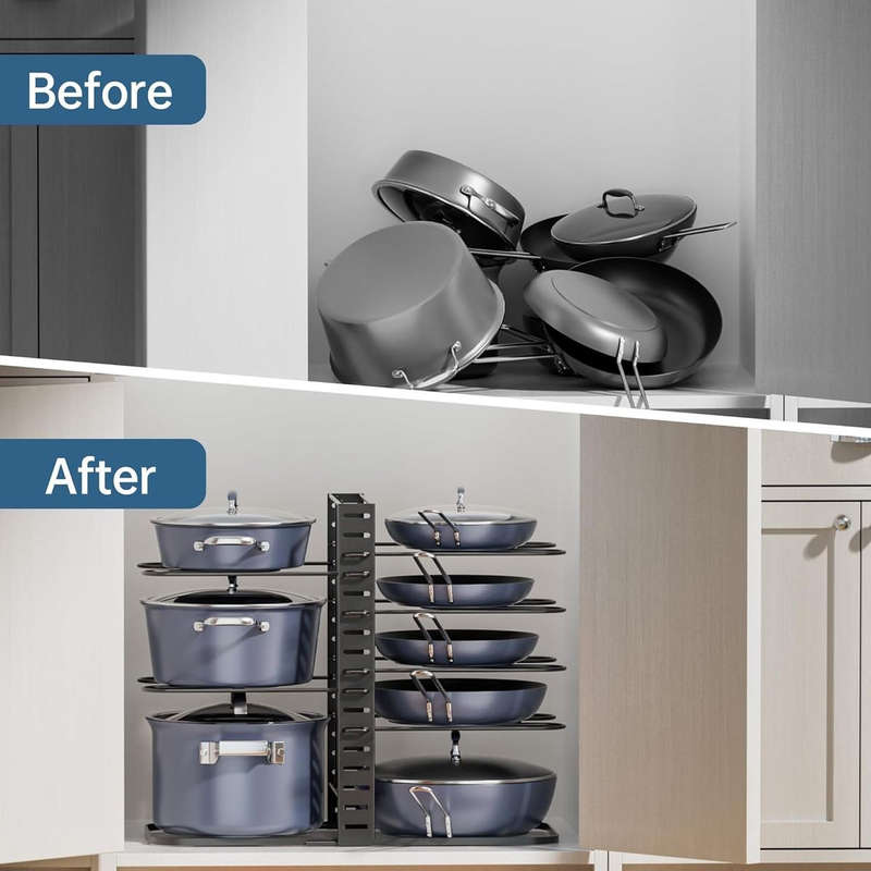 8 Tier Pot And Pan Organiser Rack Adjustable Under Or In Cabinet- 3 Methods
