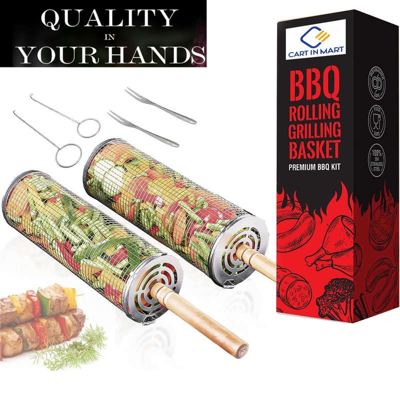 2 Pack BBQ Rolling Grill Baskets For Braai Grilling Wooden Handle-Men Gift