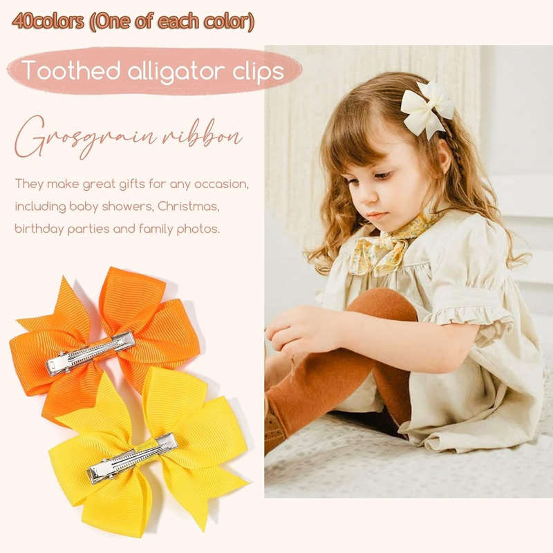40 Pack 8.4cm Hair Bows For Baby Girls Alligator Clips Grosgrain Barrettes
