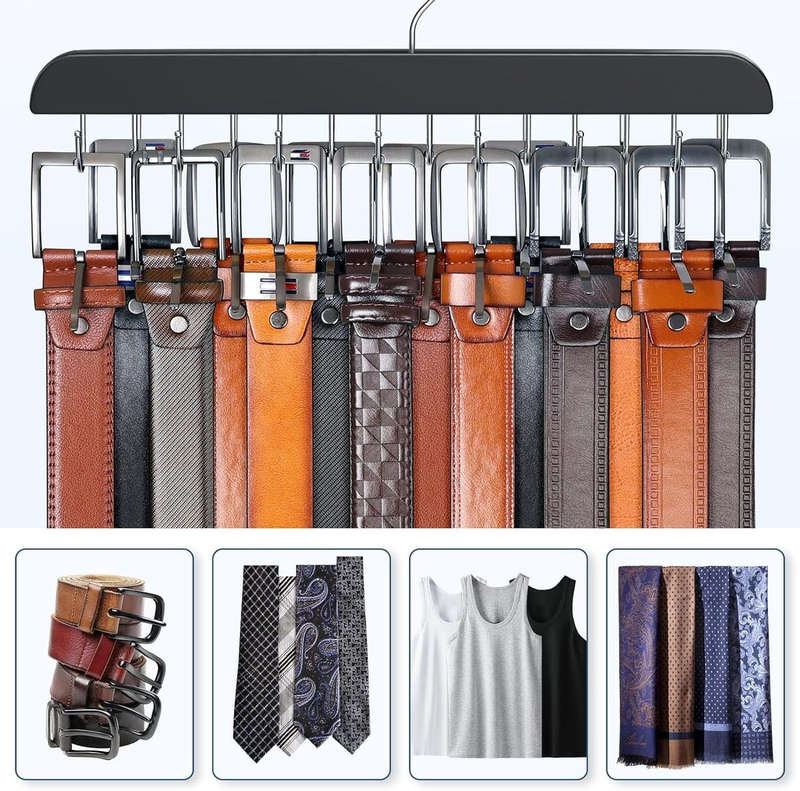 Wooden Belt Hanger For Closet For Max 42 Belts Organizers & Storage- Black
