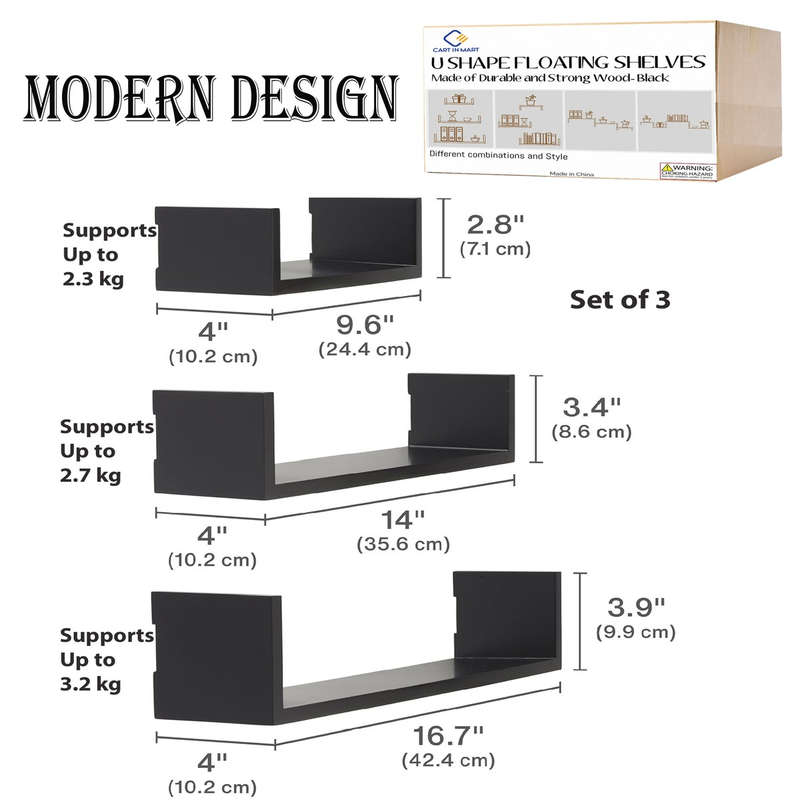 3 Piece U shape Wooden Floating Shelves For Bedroom Bathroom Wall Décor - Black