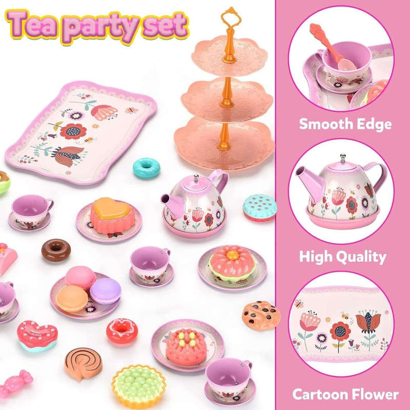 46 Piece Princess Tea Party Set For Little Girls Pretend Play -Flower Theme