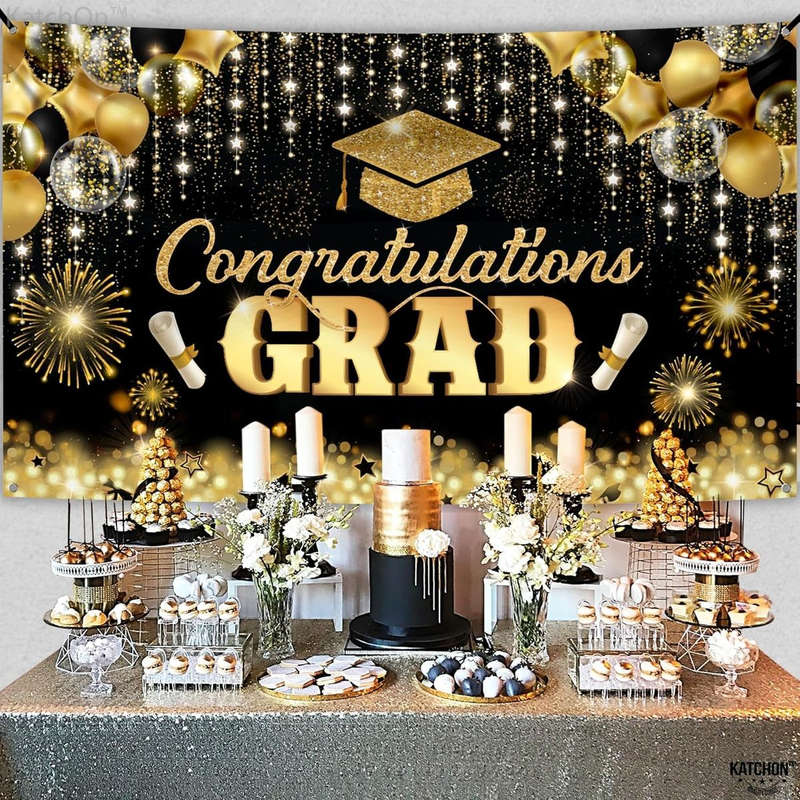 Congratulations Graduation Banner Backdrop-180x110cm-Glitter Black & Gold
