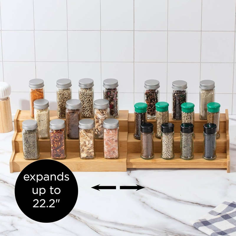3 Tier Expandbale Bamboo Spice Rack Organiser Cabinet With Labels & Marker