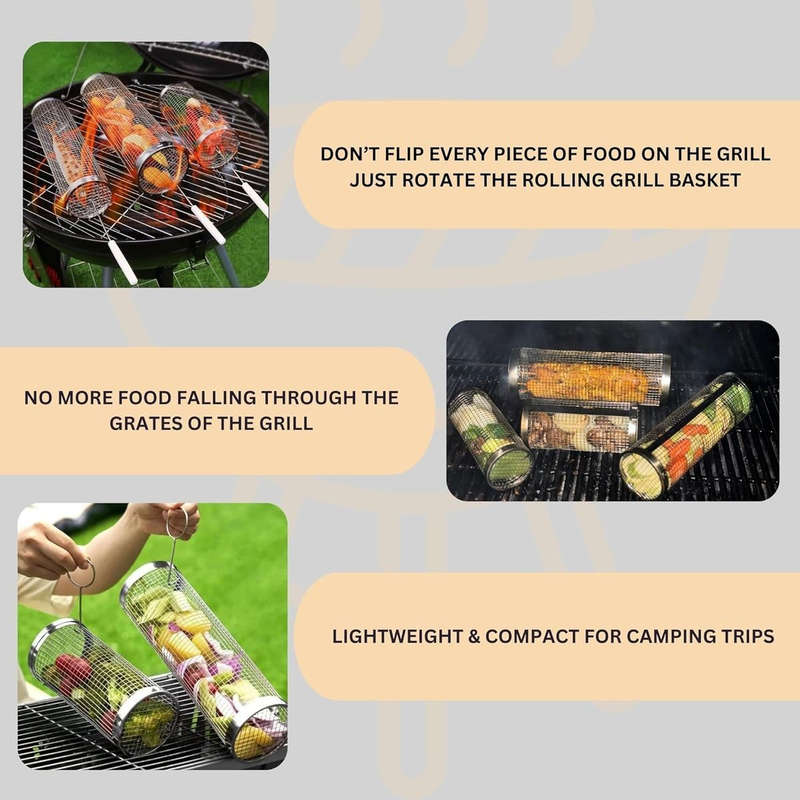 2 Pack BBQ Rolling Grill Baskets For Braai Grilling Wooden Handle-Men Gift