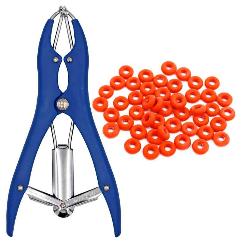 Castration Bander Pliers with 100 Pcs Castrator Rings Forceps Pliers Tail Docking for Cattle