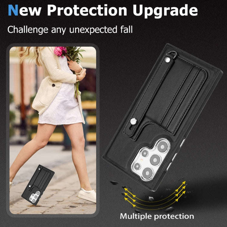 For Samsung Galaxy S24 Ultra 5G Shockproof Leather Phone Case with Wrist Strap(Black)