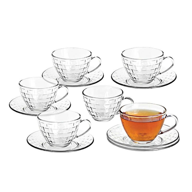 Glass Cup and Saucer Set - 12 Piece Elegant Diamond Pattern Glass Cup and Saucer Set