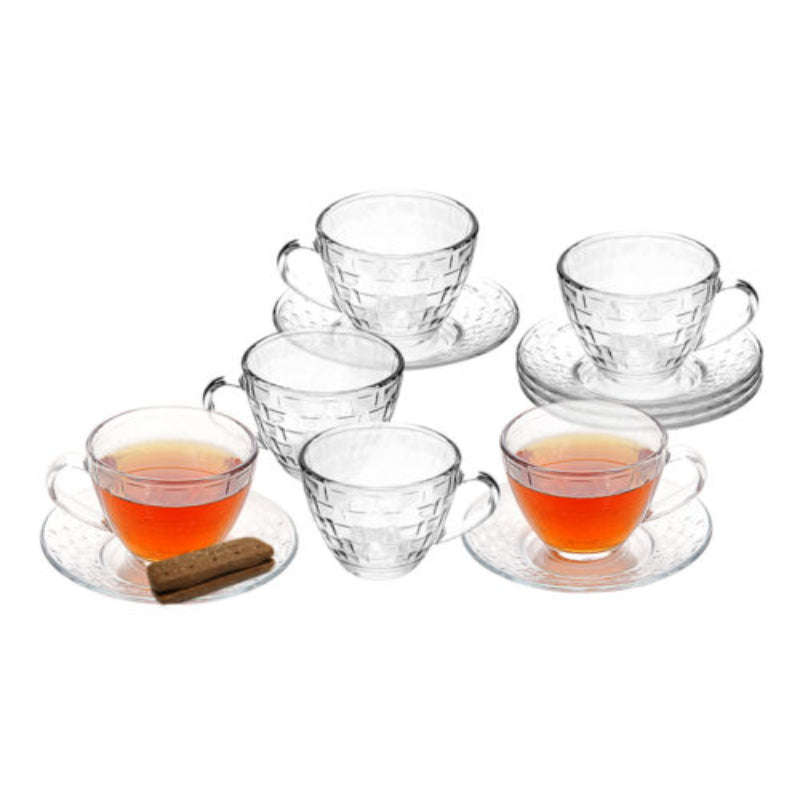 Glass Cup and Saucer Set - 12 Piece Elegant Diamond Pattern Glass Cup and Saucer Set