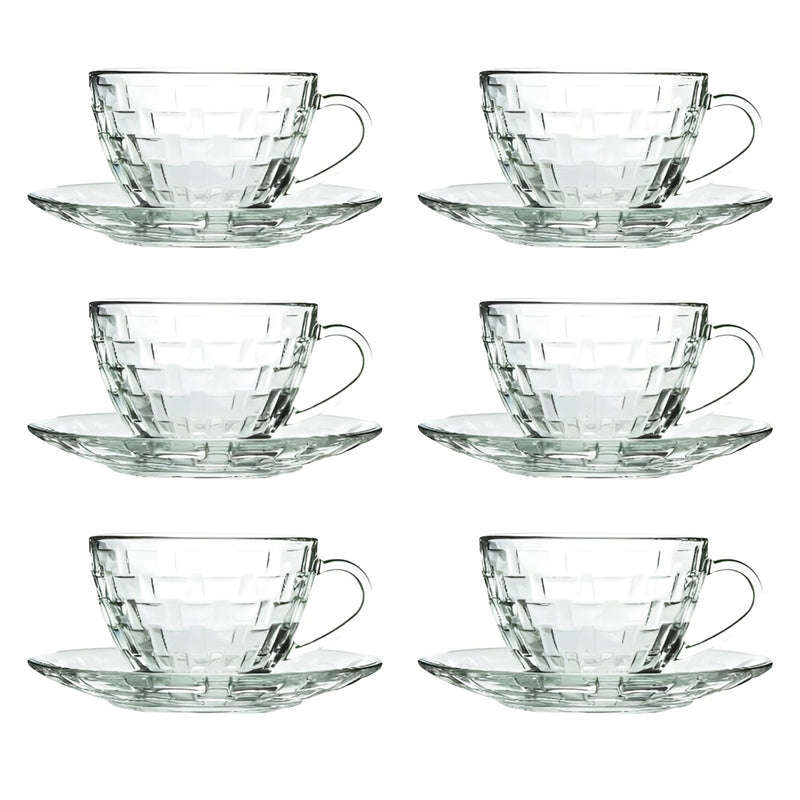 Glass Cup and Saucer Set - 12 Piece Elegant Diamond Pattern Glass Cup and Saucer Set