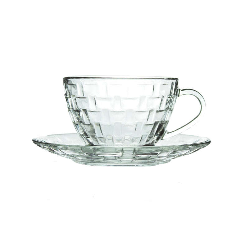 Glass Cup and Saucer Set - 12 Piece Elegant Diamond Pattern Glass Cup and Saucer Set