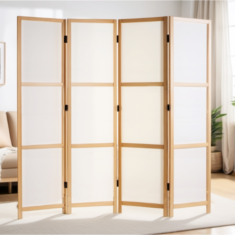 Partition Room Divider - White 4-Panel Correx Board Folding Privacy Screen Room Divider with Wood...