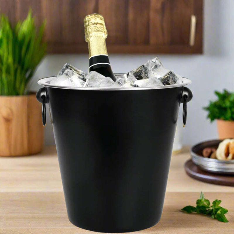 Ice Bucket - 21cm Hammered Stainless Steel Black Champagne Bucket with Ring Handle Design