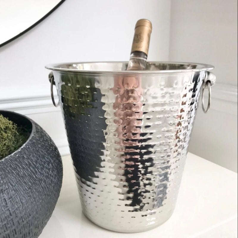 Ice Bucket - 21cm Hammered Stainless Steel Champagne Bucket with Ring Handle Design