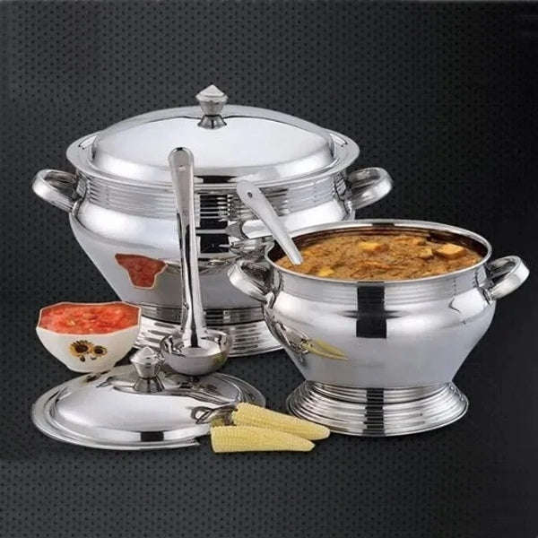 Soup Tureen - 28cm Stainless Steel Soup Tureen with Lid and Serving Ladle