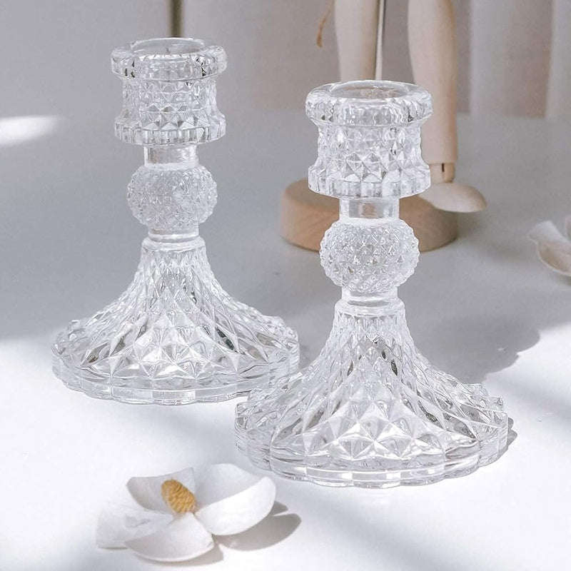 2 Pack Clear Decorative Glass Candlestick Holders