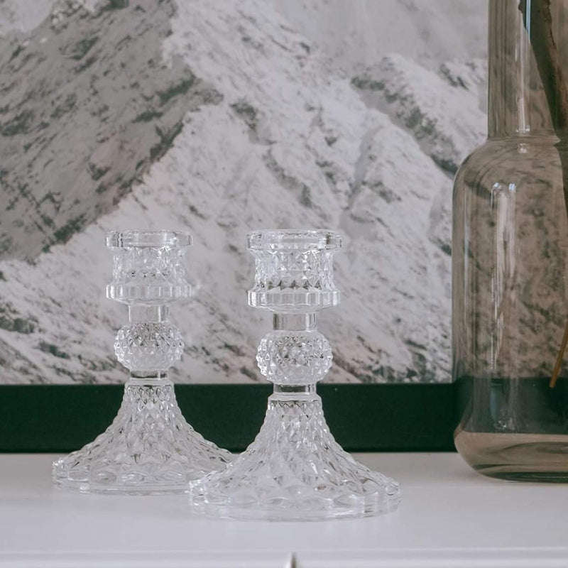 2 Pack Clear Decorative Glass Candlestick Holders