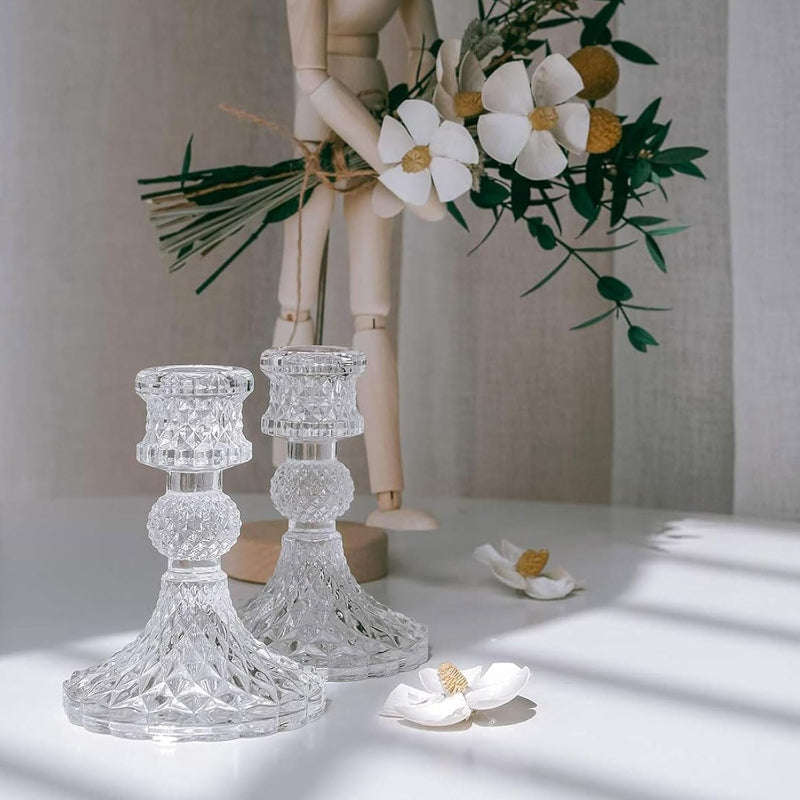 2 Pack Clear Decorative Glass Candlestick Holders