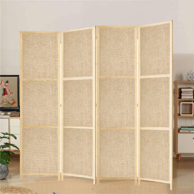 Partition Room Divider - 150cm 4-Panel Hessian Folding Privacy Screen Room Divider with Solid Smo...