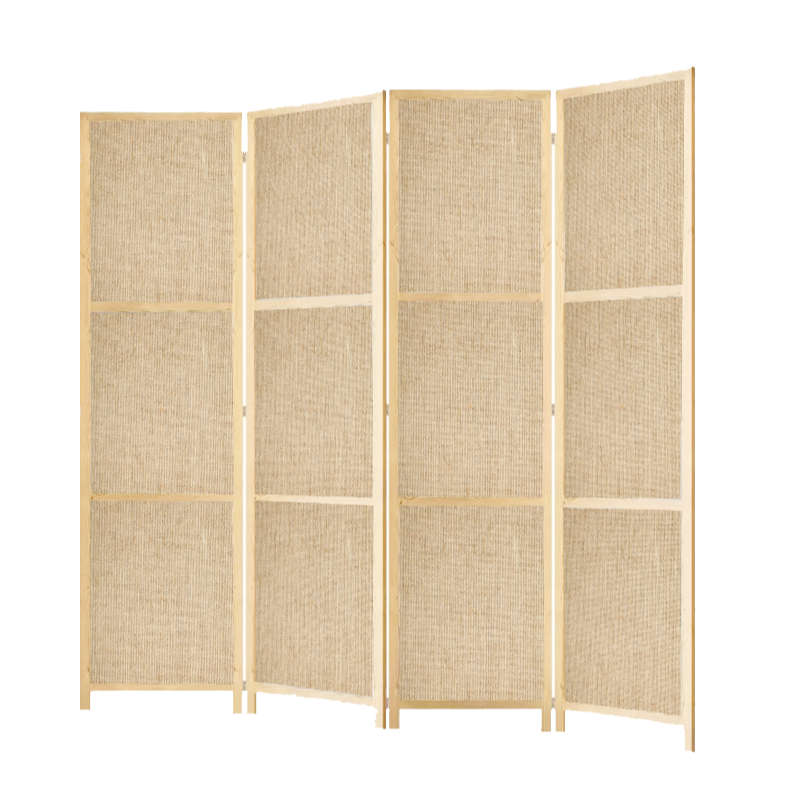 Partition Room Divider - 150cm 4-Panel Hessian Folding Privacy Screen Room Divider with Solid Smo...