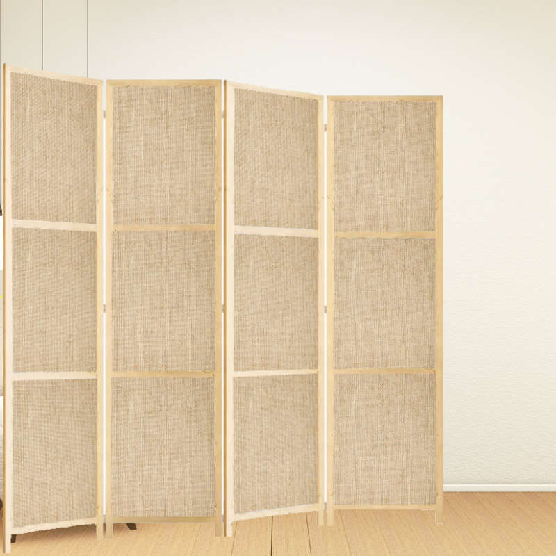 Partition Room Divider - 150cm 4-Panel Hessian Folding Privacy Screen Room Divider with Solid Smo...
