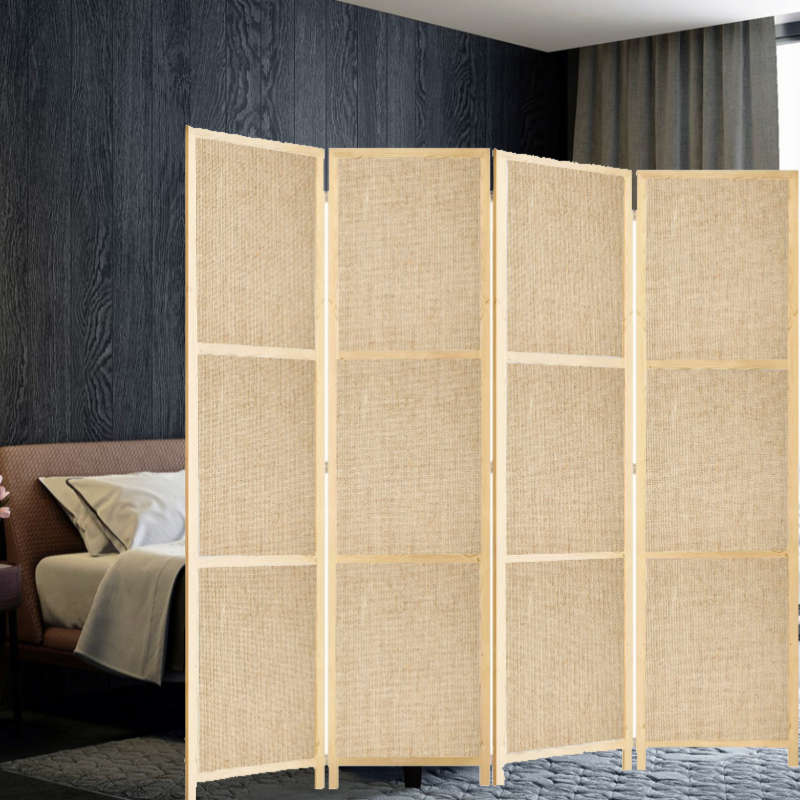 Partition Room Divider - 150cm 4-Panel Hessian Folding Privacy Screen Room Divider with Solid Smo...