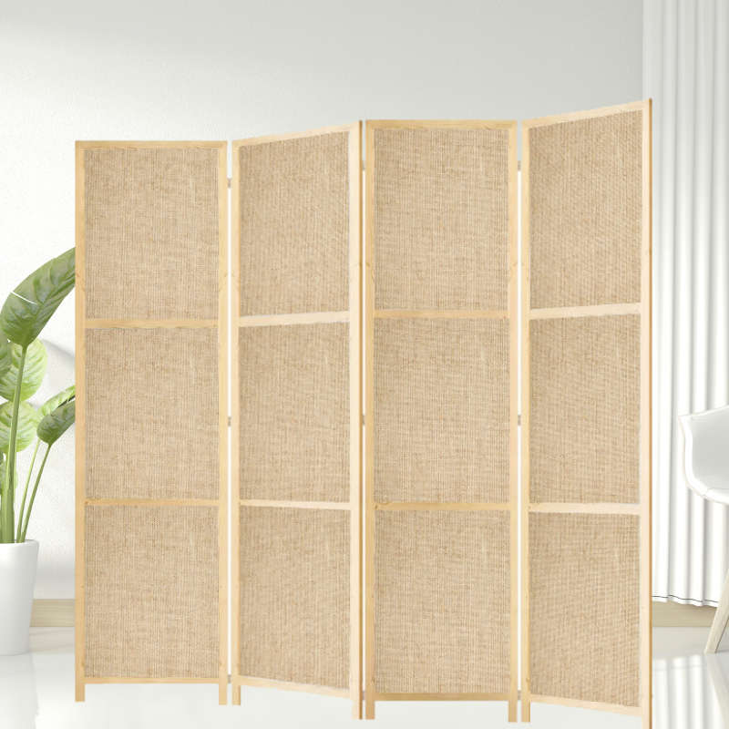 Partition Room Divider - 150cm 4-Panel Hessian Folding Privacy Screen Room Divider with Solid Smo...