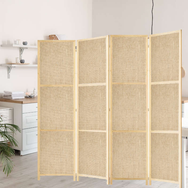 Partition Room Divider - 150cm 4-Panel Hessian Folding Privacy Screen Room Divider with Solid Smo...