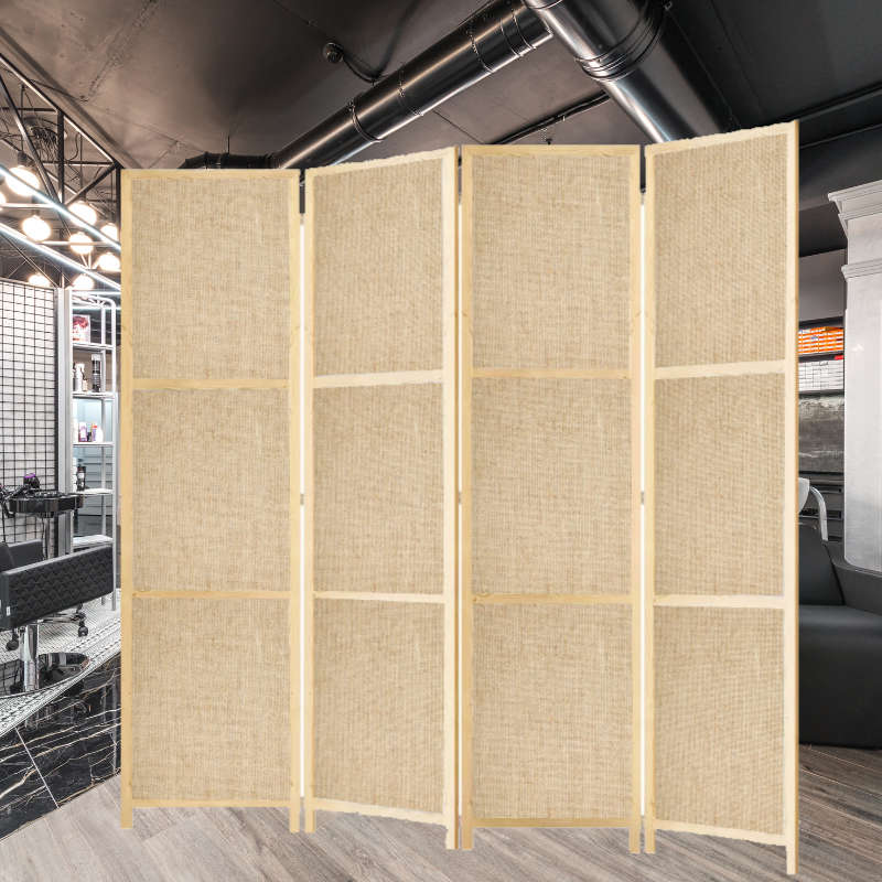Partition Room Divider - 150cm 4-Panel Hessian Folding Privacy Screen Room Divider with Solid Smo...