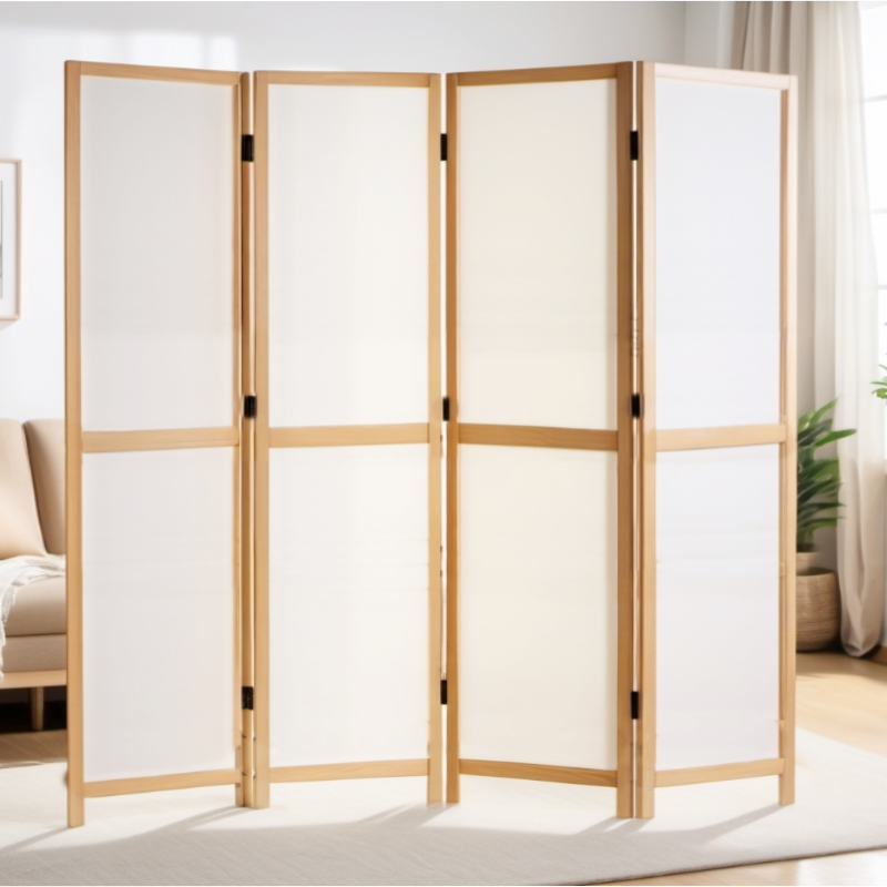 Partition Room Divider - White 4-Panel PVC Board Folding Privacy Screen Room Divider with Wooden ...