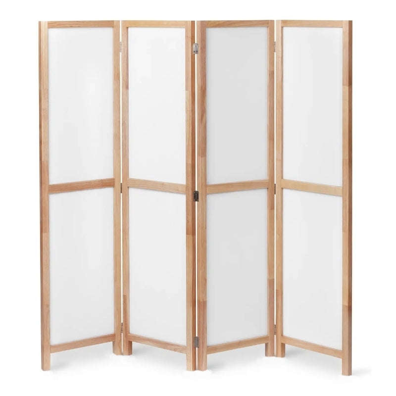 Partition Room Divider - White 4-Panel PVC Board Folding Privacy Screen Room Divider with Wooden ...