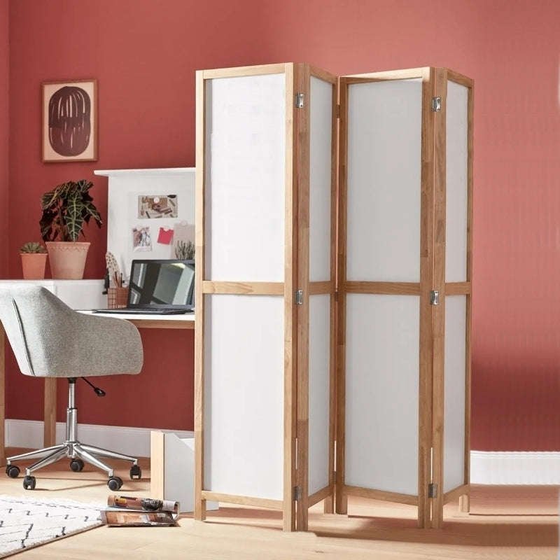 Partition Room Divider - White 4-Panel PVC Board Folding Privacy Screen Room Divider with Wooden ...