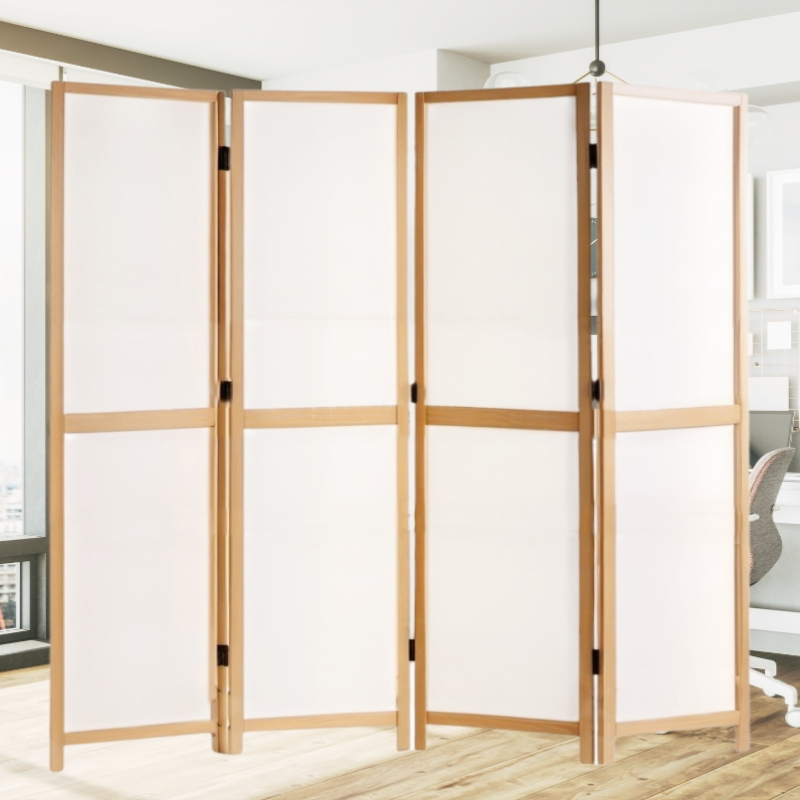 Partition Room Divider - White 4-Panel PVC Board Folding Privacy Screen Room Divider with Wooden ...