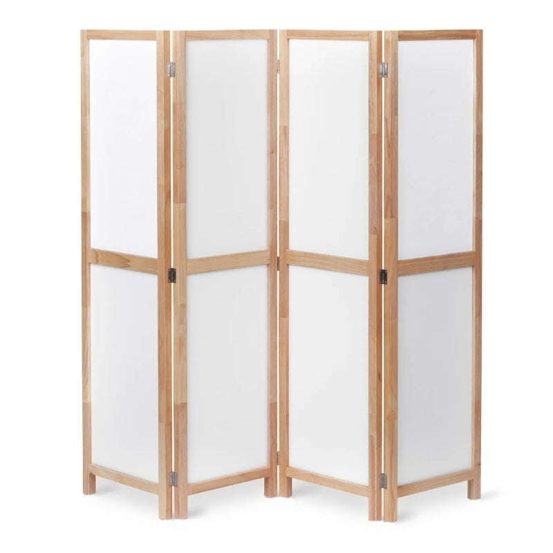 Partition Room Divider - White 4-Panel PVC Board Folding Privacy Screen Room Divider with Wooden ...