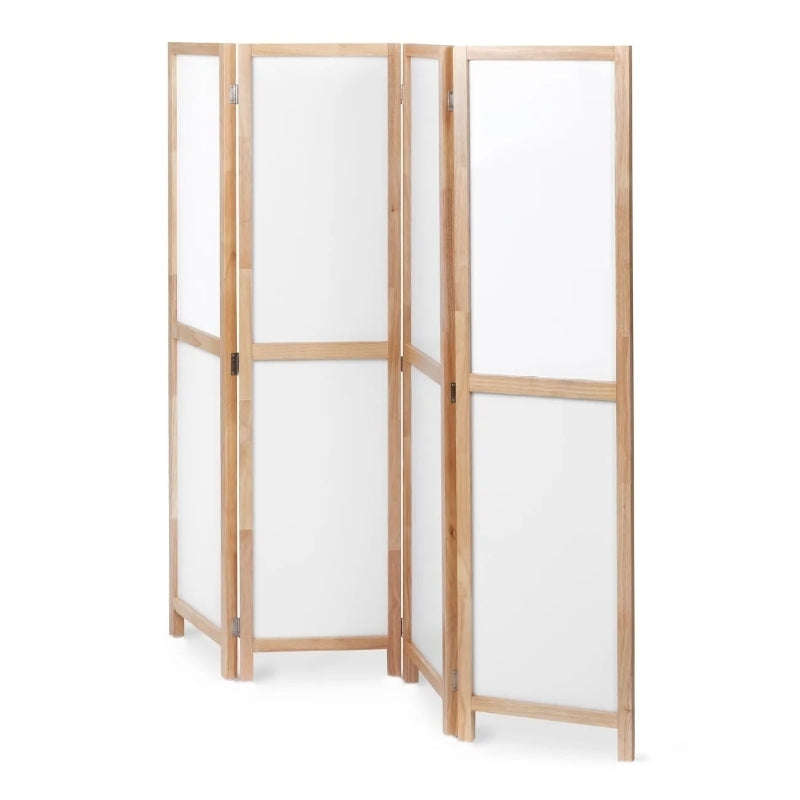 Partition Room Divider - White 4-Panel PVC Board Folding Privacy Screen Room Divider with Wooden ...