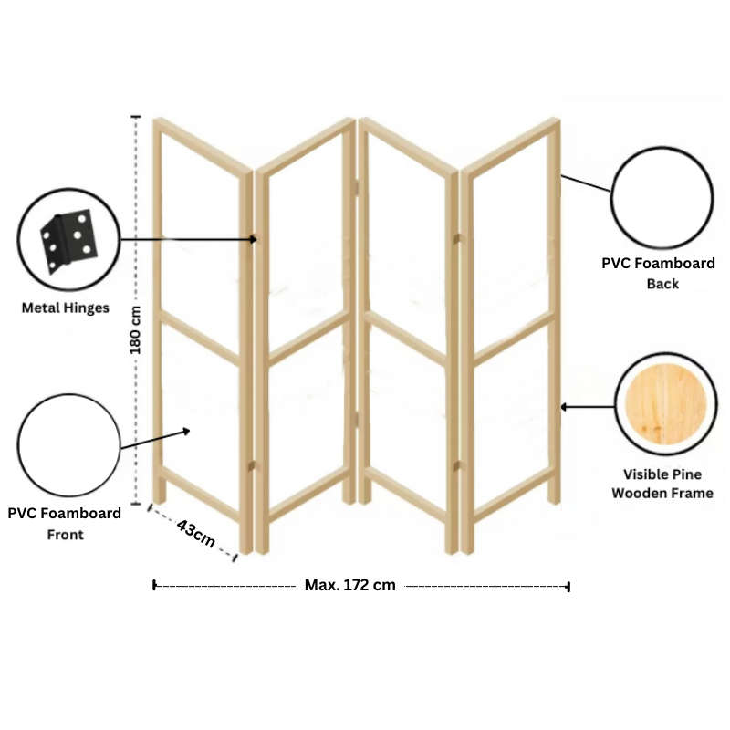 Partition Room Divider - White 4-Panel PVC Board Folding Privacy Screen Room Divider with Wooden ...