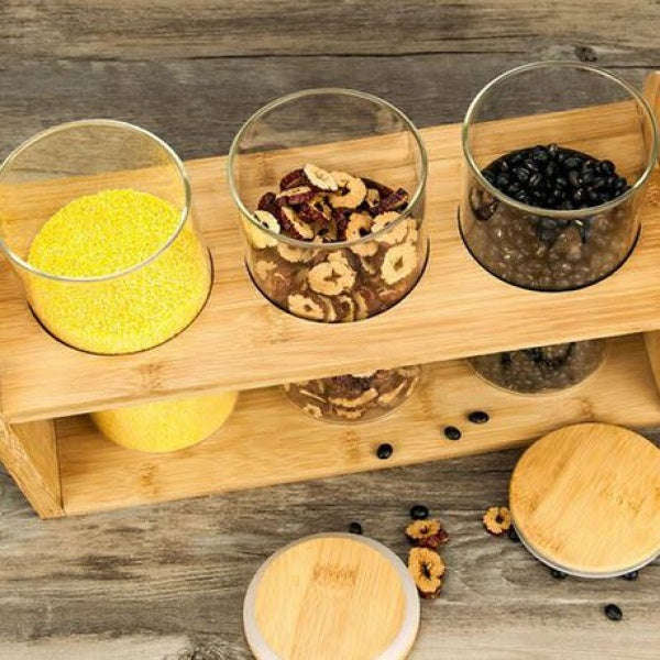 Borosilicate Glass Jars - 4 Piece Borosilicate Glass Spice Jars with Bamboo Lid, Silicone Sealing...