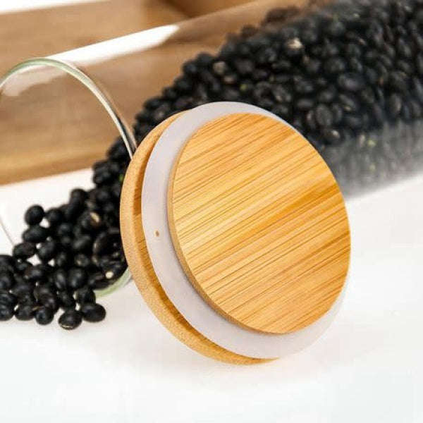 Borosilicate Glass Jars - 4 Piece Borosilicate Glass Spice Jars with Bamboo Lid, Silicone Sealing...