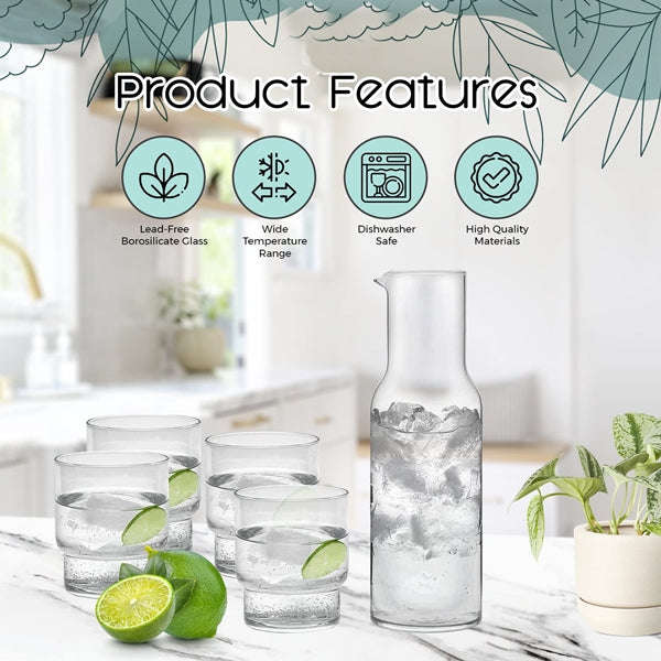5 Piece Stylish Borosilicate Carafe and Glass Set