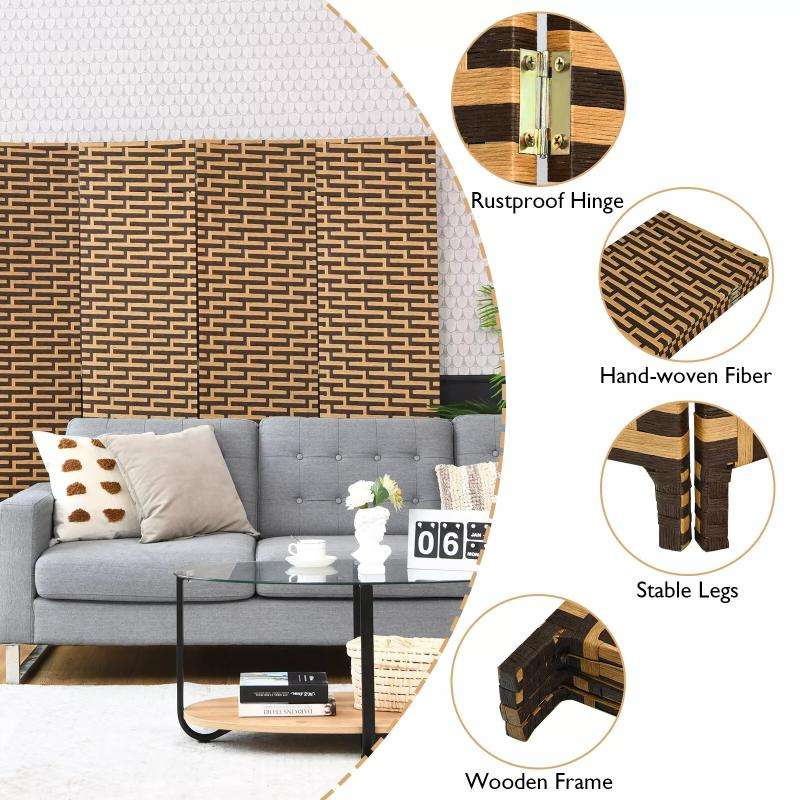 Partition Room Divider - 4 Panel Folding Room Divider Weave Fiber Privacy Partition Screen